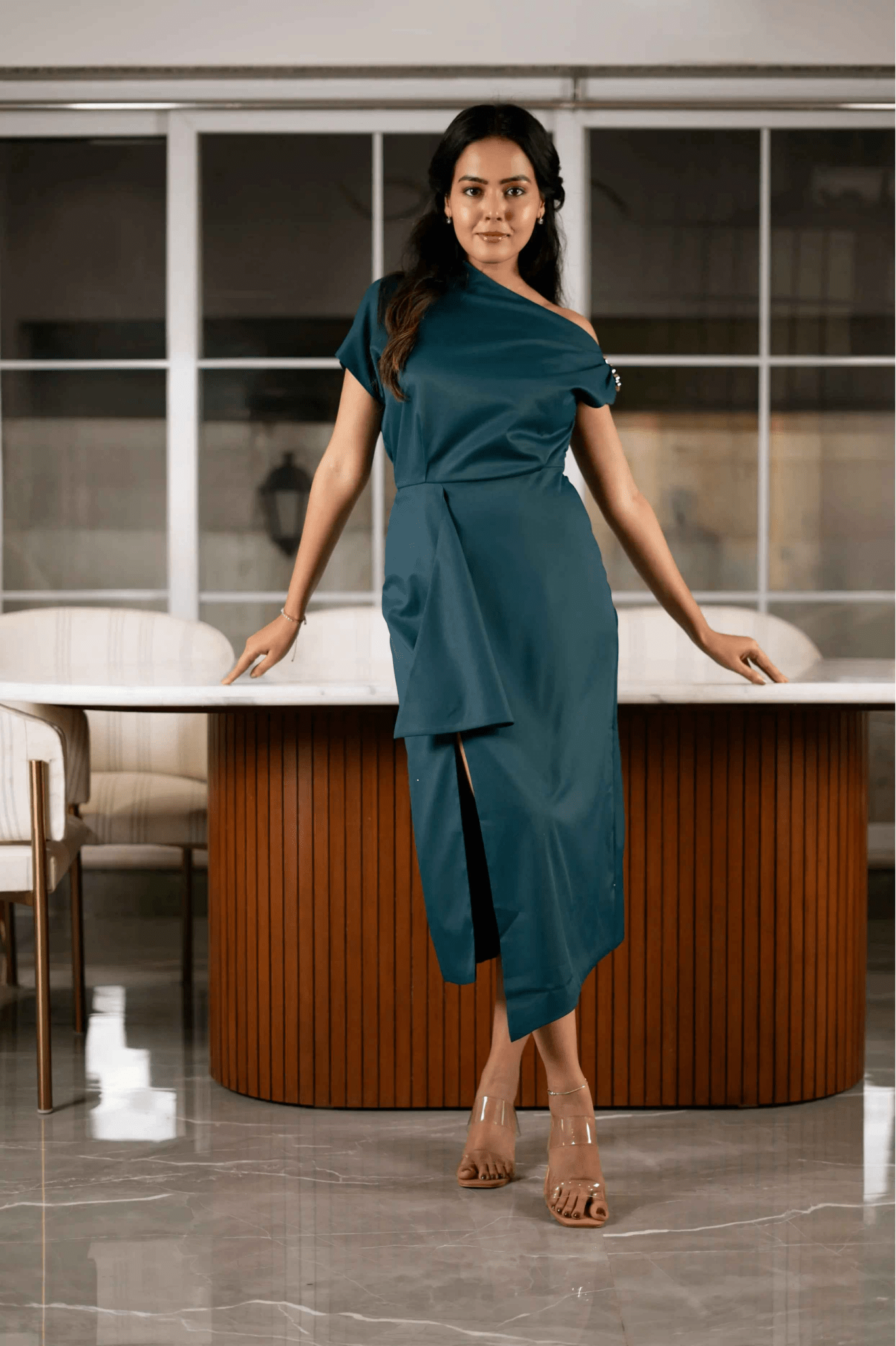 Teal One - Shoulder Draped Midi Dress